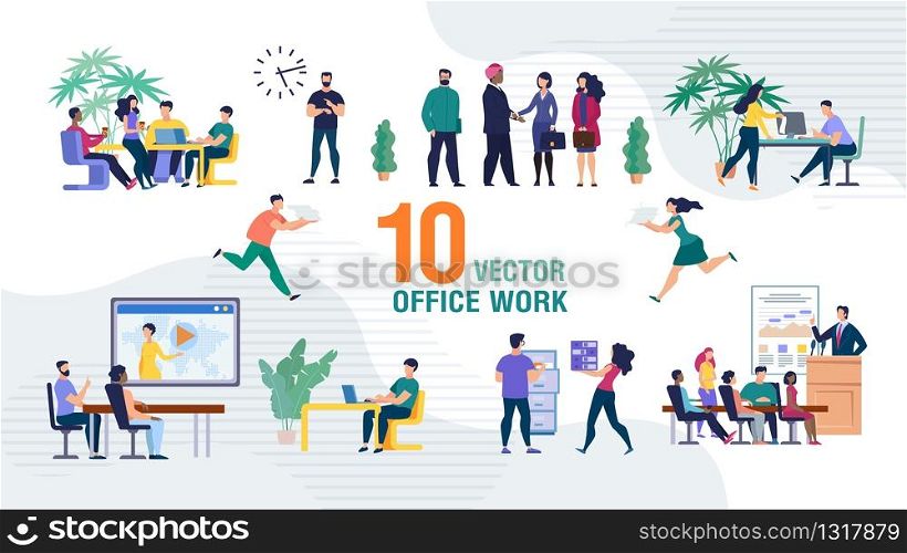 Business Team Office Work Trendy Flat Vector Isolated Scenes Set. Business Company Employees, Office Workers Sitting on Meeting or Seminar, Working Together, Boss Greeting Foreign Partner Illustration