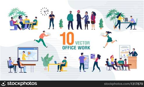 Business Team Office Work Trendy Flat Vector Isolated Scenes Set. Business Company Employees, Office Workers Sitting on Meeting or Seminar, Working Together, Boss Greeting Foreign Partner Illustration
