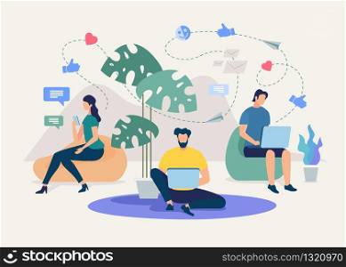 Business Team Online Communication Flat Vector Concept. Woman with Smartphone, Men with Laptop Mailing Online, Messaging in Internet, Chatting with Friends or Colleagues in Social Network Illustration