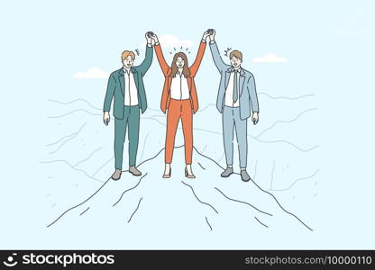 Business Team, Partnership, success concept. Group of business people standing on top of mountain with hands raised celebrating collective common corporate success together in cooperation. Business Team, Partnership, success concept