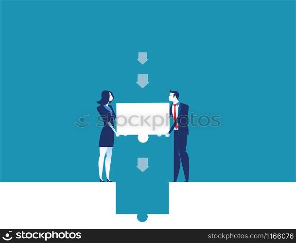 Business team places the final piece of puzzle. Concept business vector illustration.