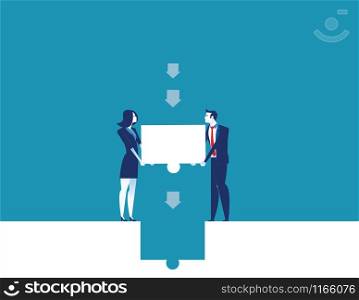 Business team places the final piece of puzzle. Concept business vector illustration.