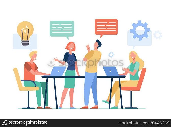 Business team planning working process flat vector illustration. Cartoon colleagues talking, sharing thoughts and smiling in company office. Teamwork and workflow concept