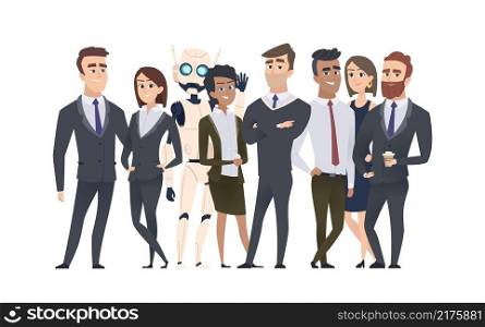 Business team portrait. Modern office group, managers and robot. Happy men women in suits vector characters. Robot technology, people teamwork and ai illustration. Business team portrait. Modern office group, managers and robot. Happy men women in suits vector characters