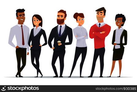 Business team. Professional workers happy partners group team building office male and female managers standing vector characters. Illustration of worker group, business manager team. Business team. Professional workers happy partners group team building office male and female managers standing vector characters