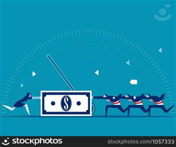 Business team pushing a dollar sign in different directions. Concept business vector illustration.