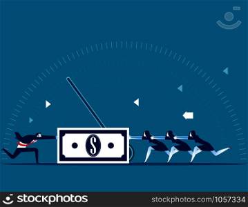 Business team pushing a dollar sign in different directions. Concept business vector illustration.
