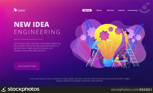 Business team putting gears on big lightbulb. New idea engineering, business model innovation and design thinking concept on white background. Website vibrant violet landing web page template.. New idea engineering concept landing page.