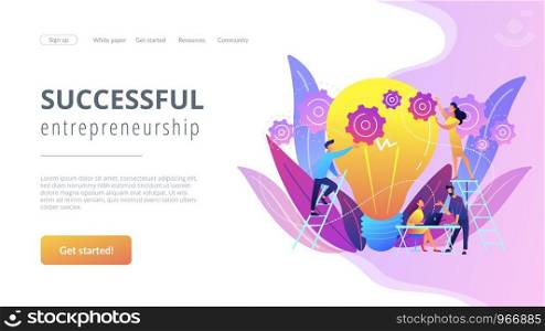 Business team putting gears on big lightbulb. New idea engineering, business model innovation and design thinking concept on white background. Website vibrant violet landing web page template.. New idea engineering concept landing page.