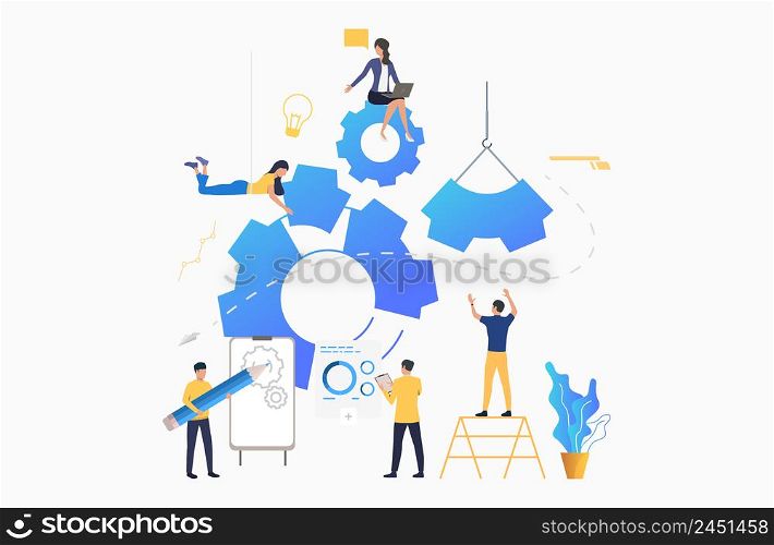 Business team putting in motion cogwheels. Teamwork, business operation, strategy. Project concept. Vector illustration can be used for presentation slide, posters, banners