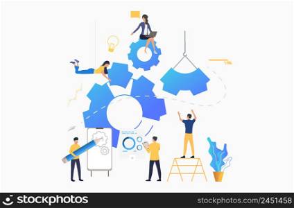 Business team putting in motion cogwheels. Teamwork, business operation, strategy. Project concept. Vector illustration can be used for presentation slide, posters, banners