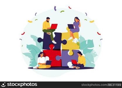 Business team putting together puzzle. Cartoon partners working in connection. Symbol of teamwork, cooperation, partnership. Flat vector illustration.