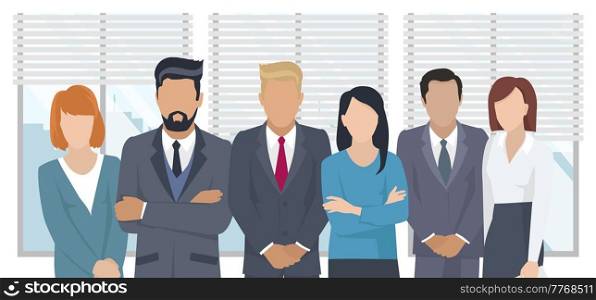 Business team ready to work. Teamwork. Coworkers characters communication. Team building and business partnership. Businessmen people cooperation collaboration. Office workers clerks standing together. Business team ready to work. Teamwork. Coworkers characters communication. Team building