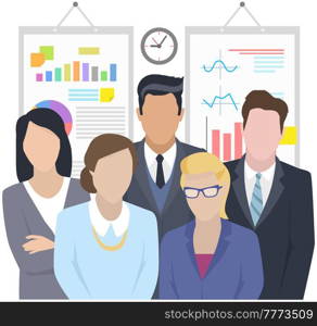 Business team ready to work. Teamwork. Coworkers characters communication. Team building and business partnership. Businessmen people cooperation collaboration. Office workers clerks standing together. Business team ready to work. Teamwork. Coworkers characters communication. Team building