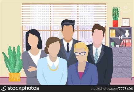 Business team ready to work. Teamwork. Coworkers characters communication. Team building and business partnership. Businessmen people cooperation collaboration. Office workers clerks standing together. Business team ready to work. Teamwork. Coworkers characters communication. Team building