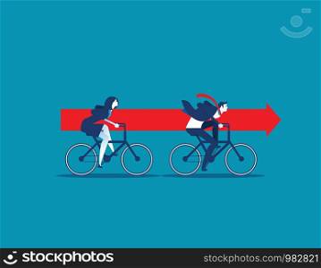 Business team riding bikes and carrying red arrow. concept business vector.