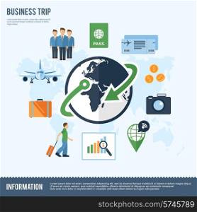 Business team round the world trip flight boarding pass flat icons composition with wireless internet connection symbol