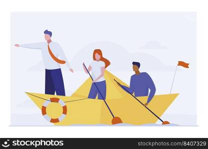 Business team rowing boat. Leader pointing hand forward flat vector illustration. Teamwork, travel, leadership concept for banner, website design or landing web page