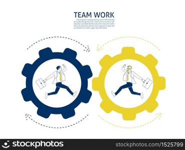 Business team running in set of gears mechanism. Business teamwork concept. hand drawn style vector doodle design illustrations. - Vector