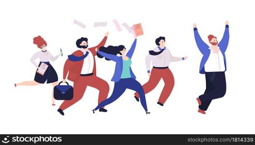 Business team running. Office style, people job competition. Forward person, leadership and teamwork. Decent professionals vector characters. Illustration success business team with leadership. Business team running. Office style, people job competition. Forward person, leadership and teamwork. Decent professionals vector characters