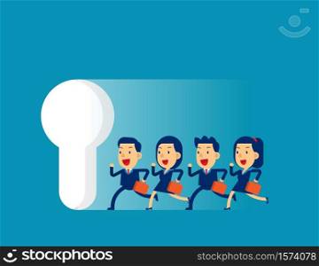 Business team running to large keyhole. Concept cute business vector illustration, Achievment, Motivation.