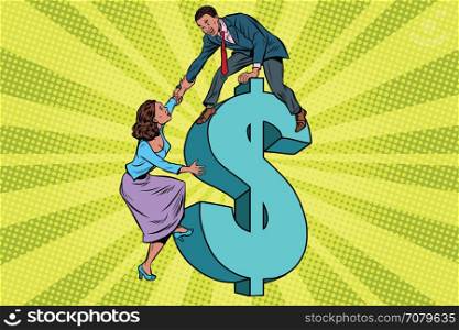 Business team scrambles on the dollar. Pop art retro vector illustration. Family finances. African American people. Business team scrambles on the dollar