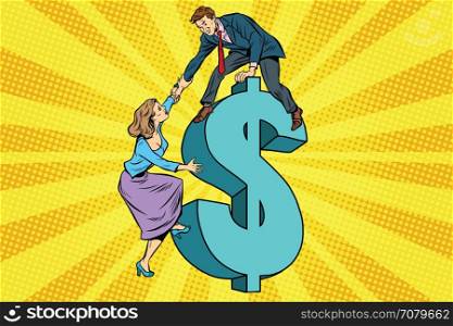 Business team scrambles on the dollar. Pop art retro vector illustration. Family finances. Business team scrambles on the dollar