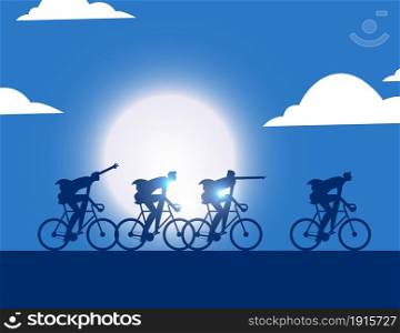 Business team silhouette riding bicycle away forward together