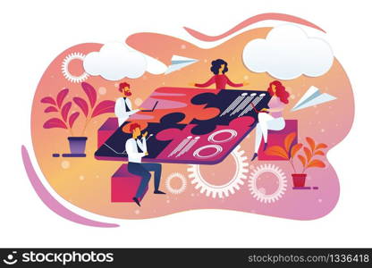 Business Team Sitting around Table in Shape of Puzzle. Business People Teamwork, Brainstorming. Creative Project, Communication Male and Female Characters. Cartoon Flat Vector Illustration, Icon.. Creative Business Team Sitting around Puzzle Table