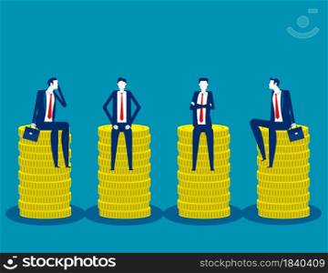 Business team sitting on coin piles. Universal basic income