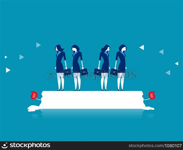 Business team standing on candle burning at both ends. Concept business vector illustration.