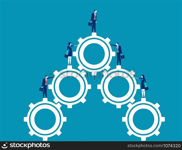 Business team standing on gears. Concept business vector illustration. Character flat design.