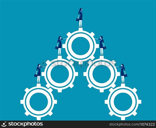 Business team standing on gears. Concept business vector illustration. Character flat design.