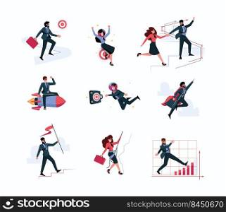 Business team. Success career managers together moving to business targets stairway to goals garish vector business illustrations in flat style. Success career team, businessman teamwork. Business team. Success career managers together moving to business targets stairway to goals garish vector business illustrations in flat style