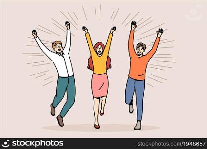Business team success celebrating concept. Group of young happy smiling people business partners jumping with raised hands feeling excited vector illustration. Business team success celebrating concept