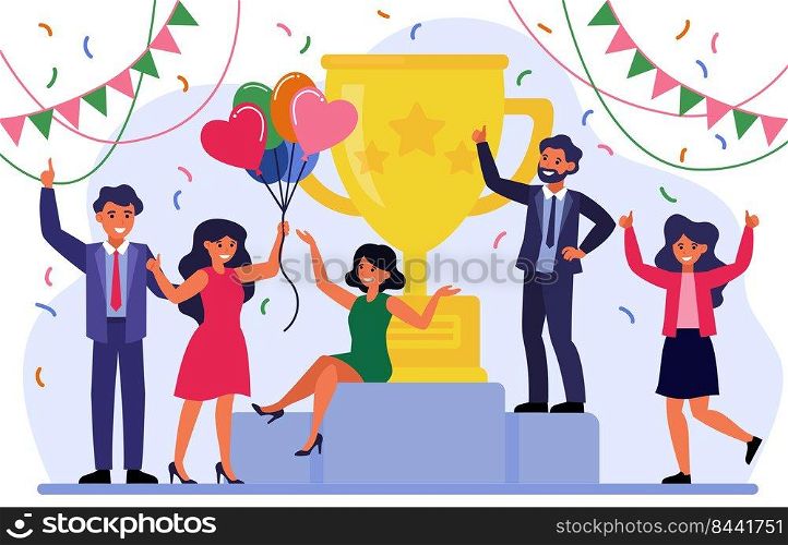 Business team success concept. Group of happy employees celebrating victor. Business people getting reward cup, winning prize, enjoying party. Vector illustration for winners, trophy, champions topics