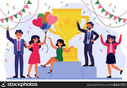 Business team success concept. Group of happy employees celebrating victor. Business people getting reward cup, winning prize, enjoying party. Vector illustration for winners, trophy, champions topics