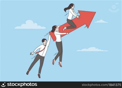 Business team, success, development concept. Group of smiling business people cartoon characters coworkers team riding on arrow up Vector illustration. Business team, success, development concept
