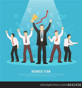 Business Team Success Flat Poster . Business team success flat poster with manager holding winner prize and euro dollar profit symbols vector illustration