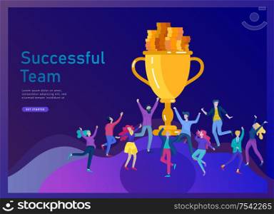 Business Team Success hold Golden winner cup, concept of people are happy with victory. Office Workers Celebrating with Big Trophy, ways goals, first place in business, financial growth. Landing page. Business Team Success hold Golden winner cup, concept of people are happy with victory. Office Workers Celebrating with Big Trophy