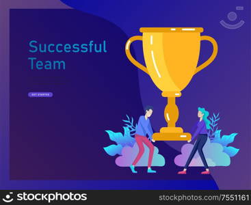 Business Team Success hold Golden winner cup, concept of people are happy with victory. Office Workers Celebrating with Big Trophy, ways goals, first place in business, financial growth. Landing page. Business Team Success hold Golden winner cup, concept of people are happy with victory. Office Workers Celebrating with Big Trophy