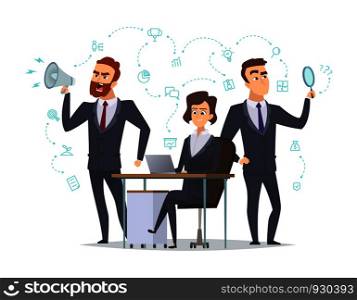 Business team. Success office managers coworking persons worked together with business items startup idea vector concept pictures. Businessman and woman, startup idea on workplace illustration. Business team. Success office managers coworking persons worked together with business items startup idea vector concept pictures