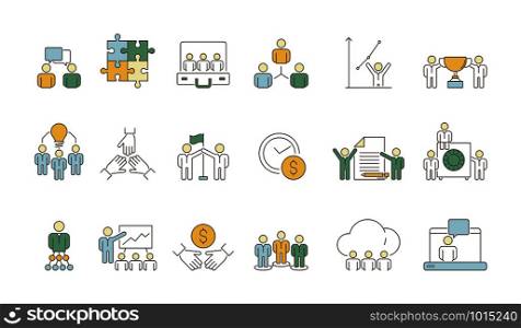Business team symbols. Office work of peoples group organization coworking leader crowd vector colored thin icons. Leader of group, work team connect illustration. Business team symbols. Office work of peoples group organization coworking leader crowd vector colored thin icons