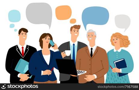 Business team talk. Office people talks, young professionals group communication bubbles, businessworkers persons talking and thinking, vector illustration. Business team talk