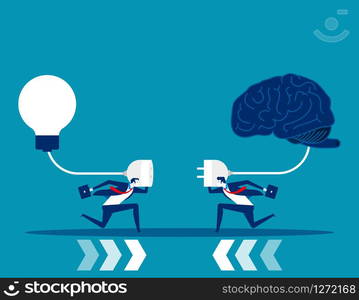 Business team try to connect brain and light bulb. Concept business vector illustration. Flat cartoon character style design.