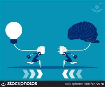 Business team try to connect brain and light bulb. Concept business vector illustration. Flat cartoon character style design.