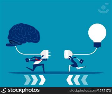 Business team try to connect brain and light bulb. Concept business vector illustration. Flat cartoon character style design.