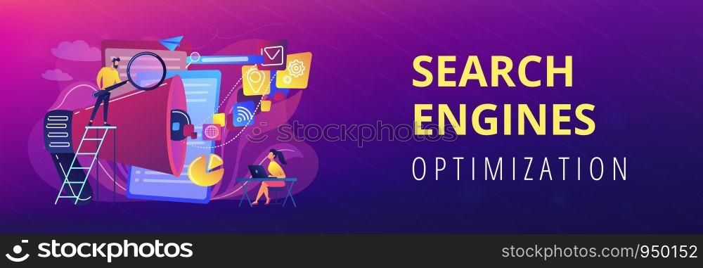 Business team with megaphone and media icons work on search engines optimization. Online marketing, seo tools concept on white background. Header or footer banner template with copy space.. Search engines optimization concept banner header.