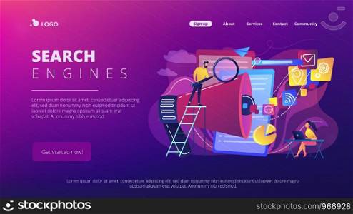 Business team with megaphone and media icons work on search engines optimization. Online marketing, seo tools concept on white background. Website vibrant violet landing web page template.. Search engines optimization concept landing page.