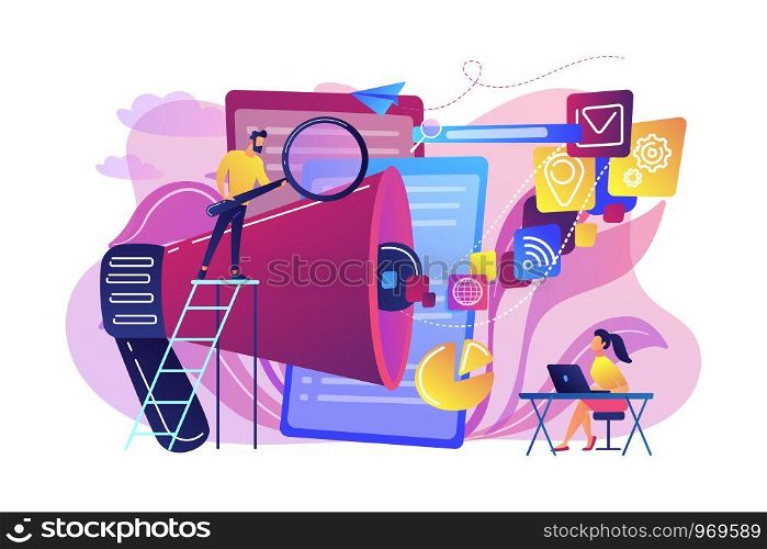 Business team with megaphone and media icons work on search engines optimization. Online marketing, seo tools concept on white background. Bright vibrant violet vector isolated illustration. Search engines optimization concept vector illustration.